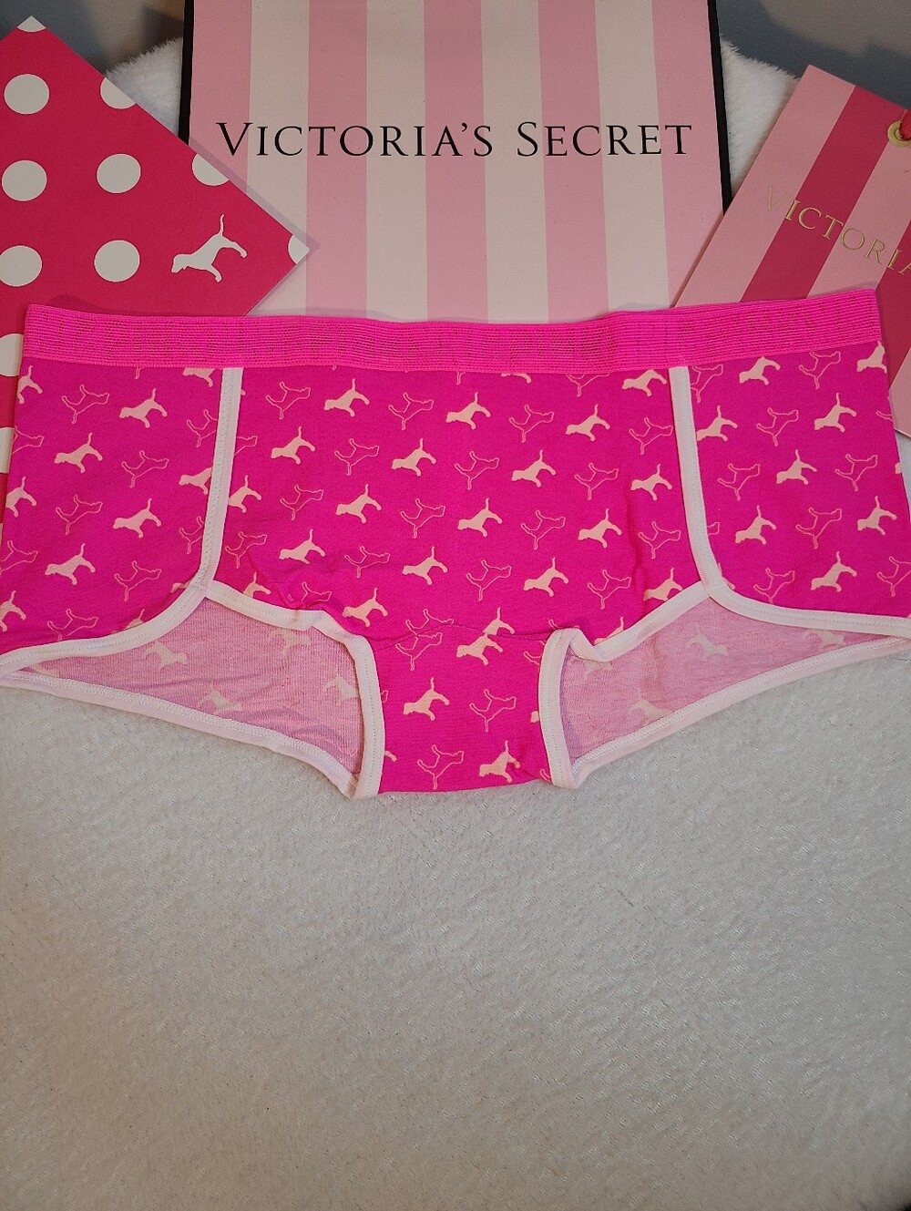 Retired VS PINK Logo Mesh Trimmed Cotton Low Rise Boyshort Panty Size Lg